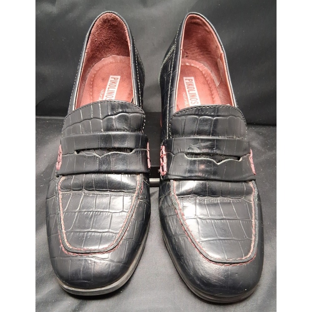 Pikolinos‎ Black Crocodile-Embossed Leather Loafers with Pink Stitching Size71/2